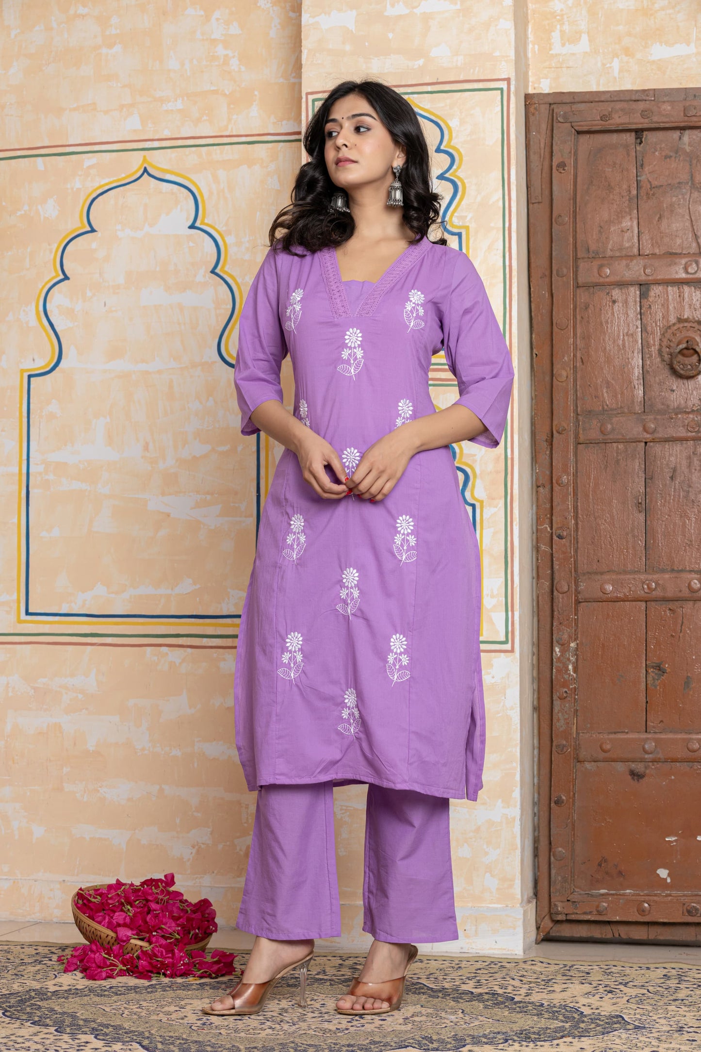 Light Purple Premium Cotton Embroidered Kurta Kurta Set for Women
