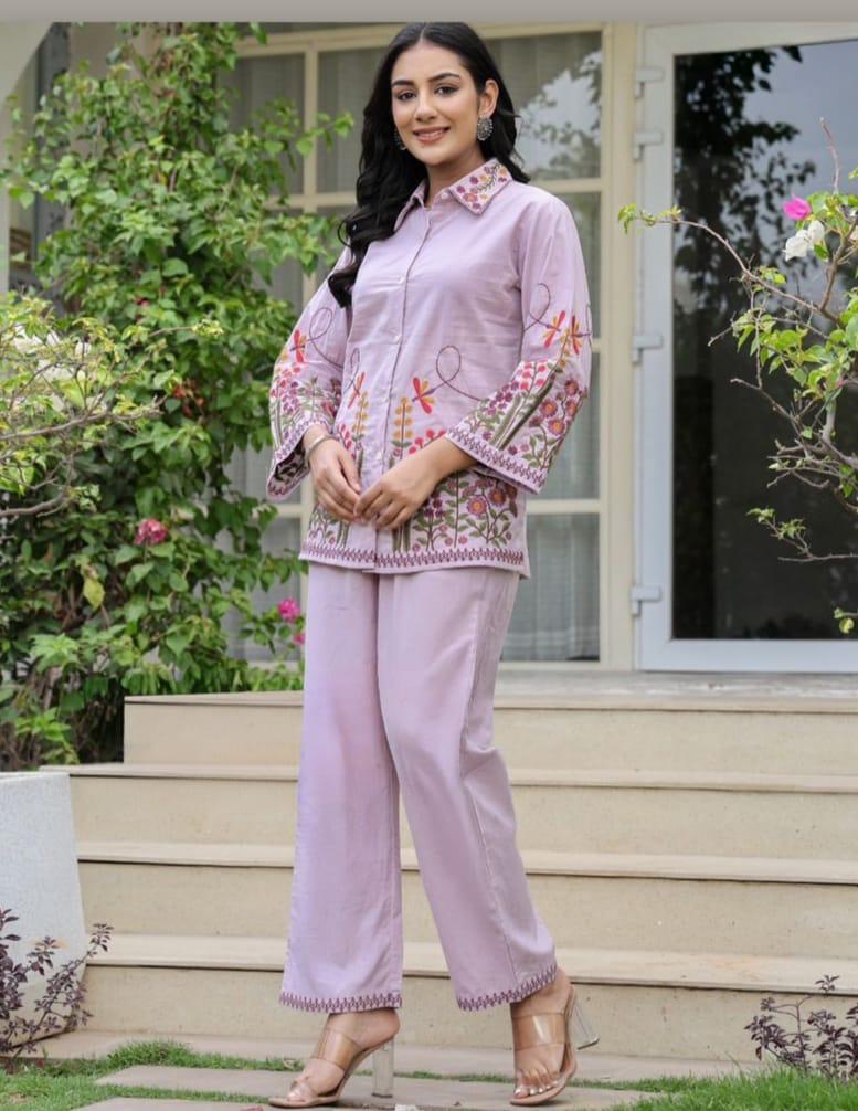 Lilac Lavender Cotton Co-Ord Set with Heavy Floral Embroidery