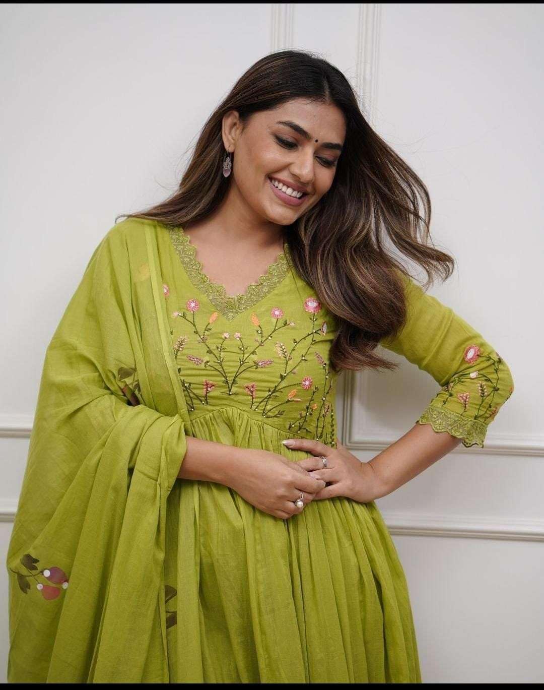 Lime Green Cotton Embroidered Anarkali Suit Set for Women with Dupatta