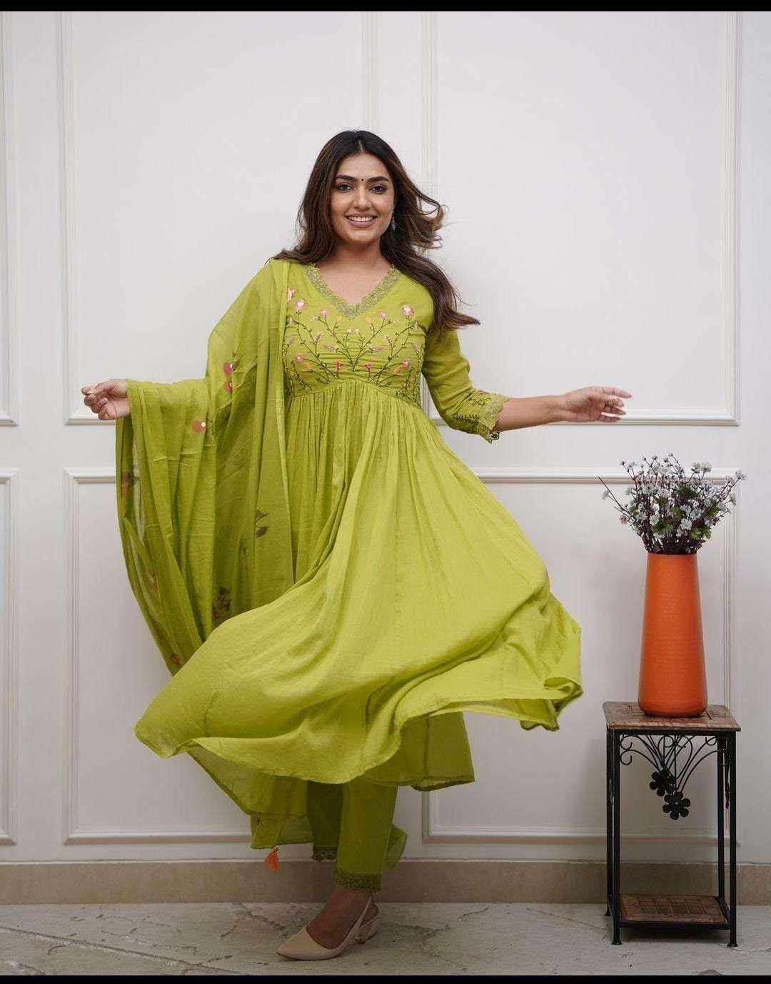 Lime Green Cotton Embroidered Anarkali Suit Set for Women with Dupatta