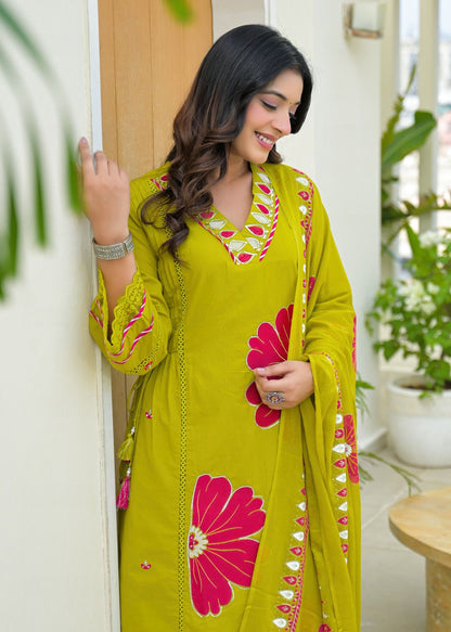 Lime Green Pure Cotton Kurta Set with Bold Applique Work – Festive & Casual Wear