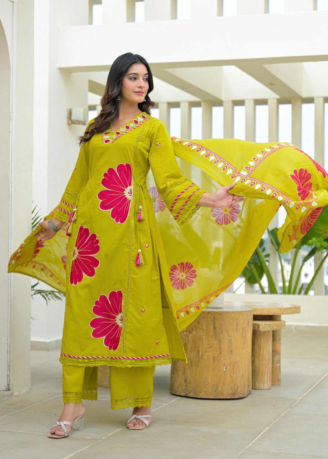 Lime Green Pure Cotton Kurta Set with Bold Applique Work – Festive & Casual Wear