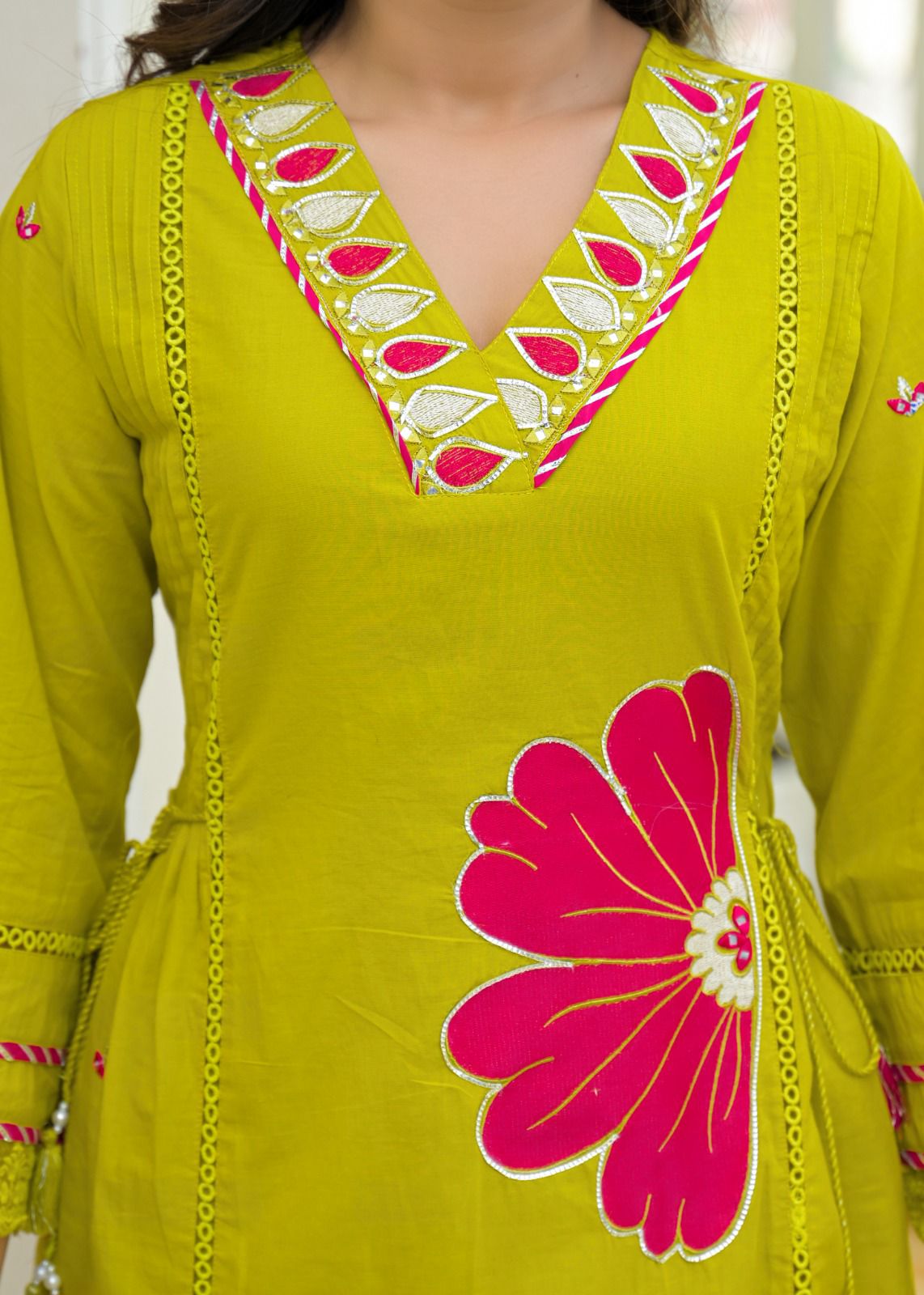 Lime Green Pure Cotton Kurta Set with Bold Applique Work – Festive & Casual Wear