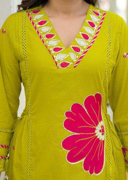 Lime Green Pure Cotton Kurta Set with Bold Applique Work – Festive & Casual Wear