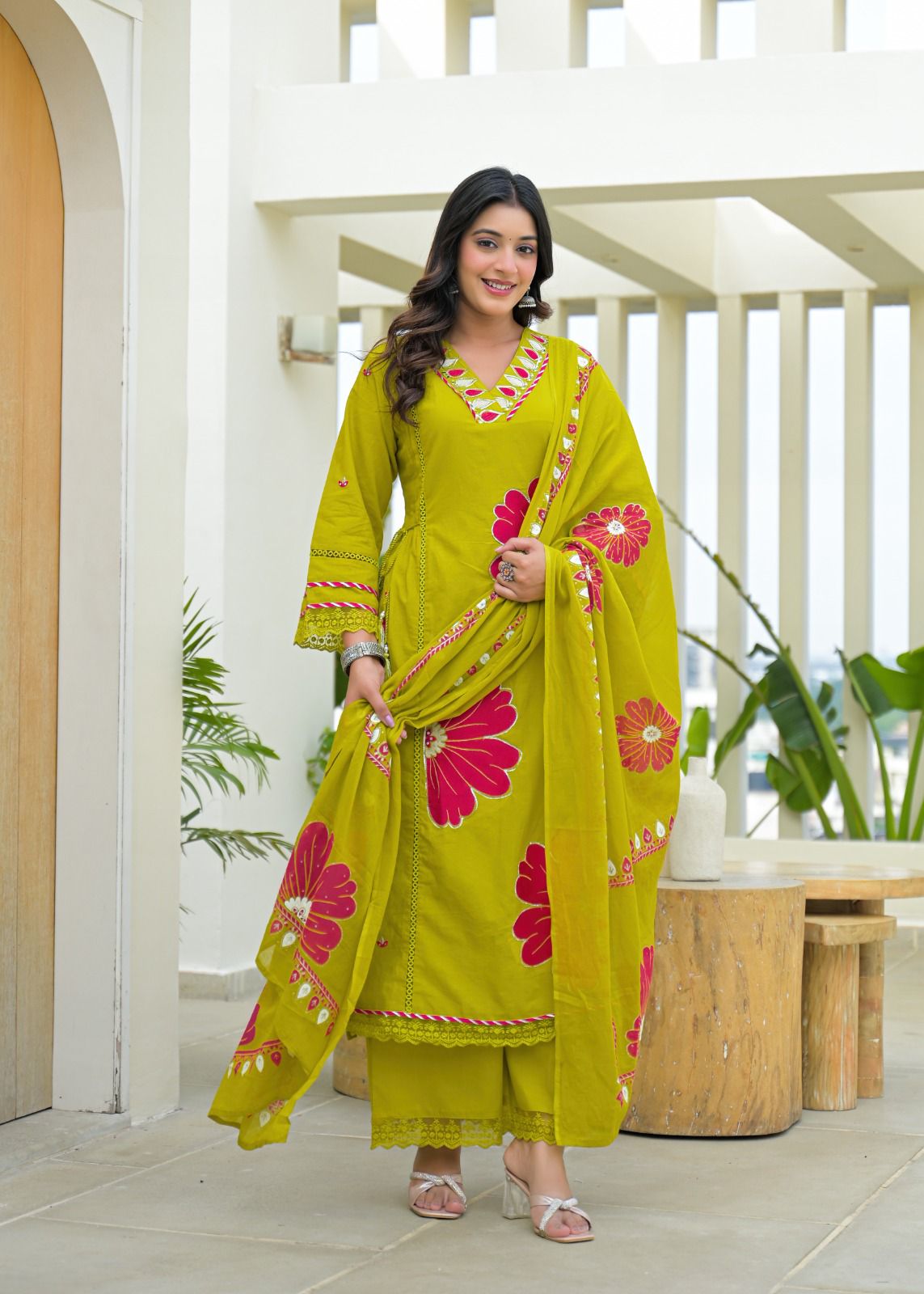 Lime Green Pure Cotton Kurta Set with Bold Applique Work – Festive & Casual Wear