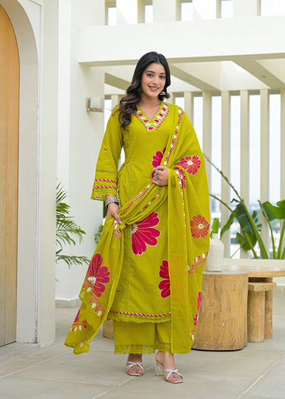 Lime Green Pure Cotton Kurta Set with Bold Applique Work – Festive & Casual Wear