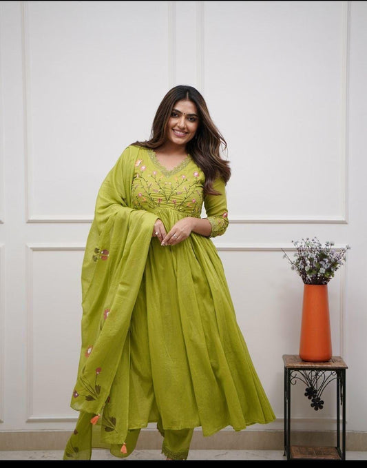 Lime Green Cotton Embroidered Anarkali Suit Set for Women with Dupatta
