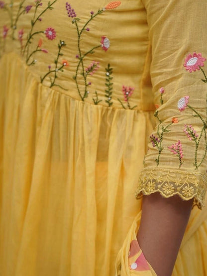 Yellow Cotton Embroidered Anarkali Suit Set for Women