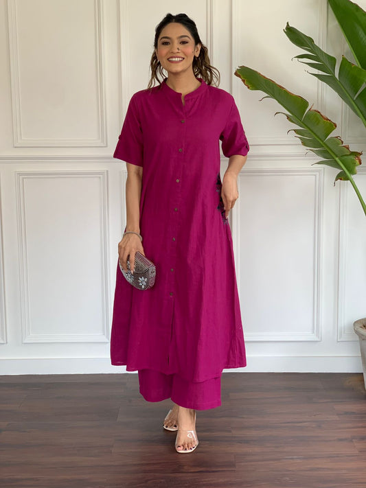 Magenta Cotton Slub Kurta Set with Grey Floral Embroidery