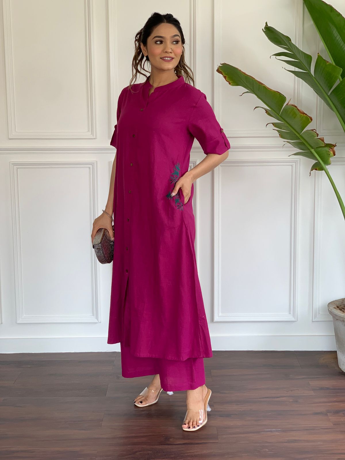 Magenta Cotton Slub Kurta Set with Grey Floral Embroidery