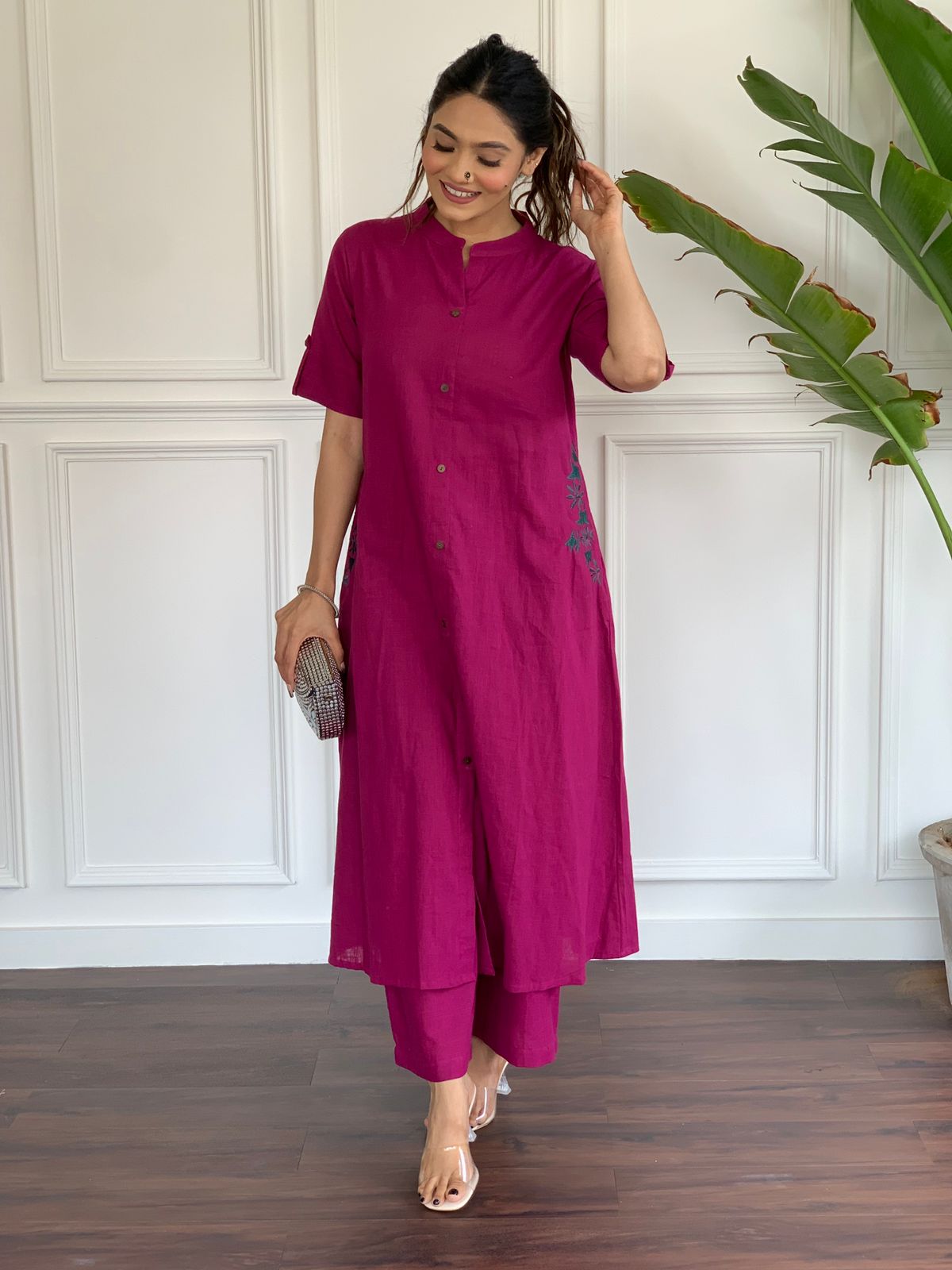 Magenta Cotton Slub Kurta Set with Grey Floral Embroidery