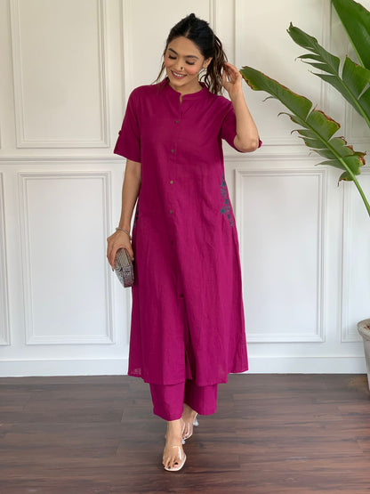 Magenta Cotton Slub Kurta Set with Grey Floral Embroidery