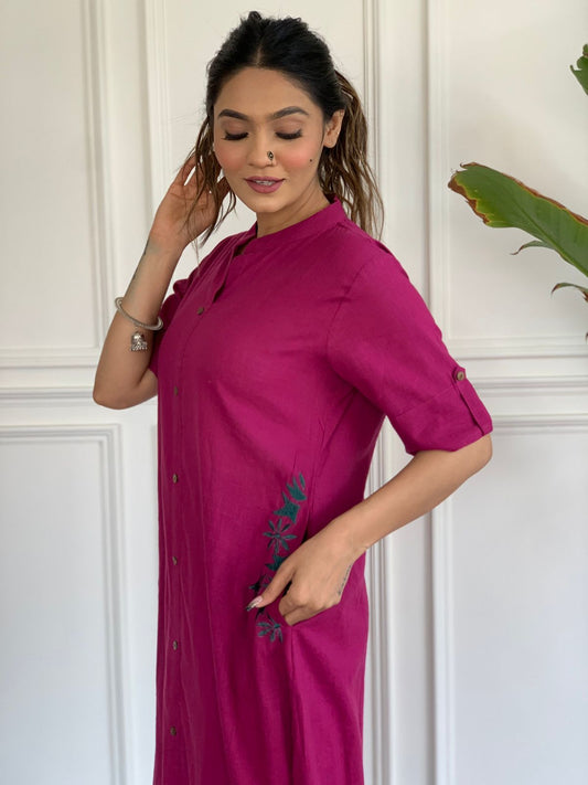 Magenta Cotton Slub Kurta Set with Grey Floral Embroidery