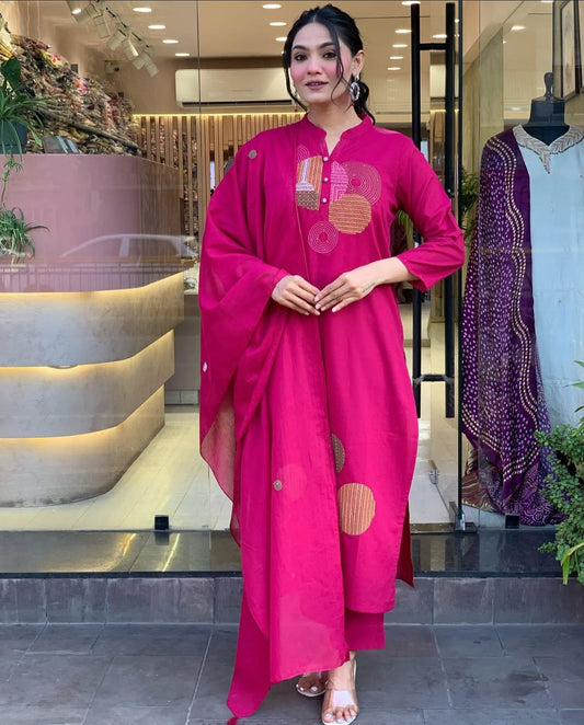 Magenta Pink Embroidered Cotton Suit Set with Dupatta