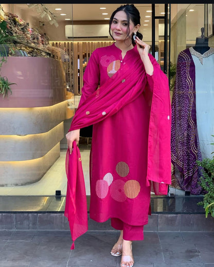 Magenta Pink Embroidered Cotton Suit Set with Dupatta