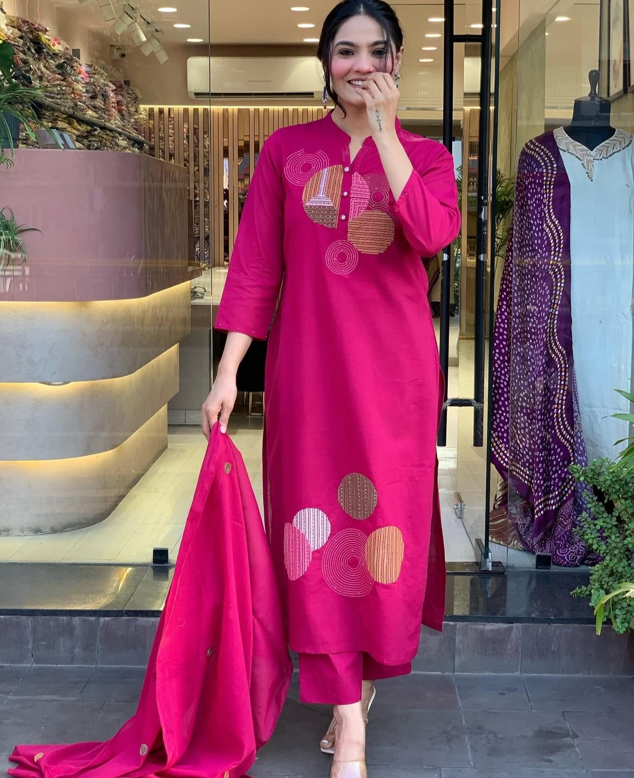 Magenta Pink Embroidered Cotton Suit Set with Dupatta