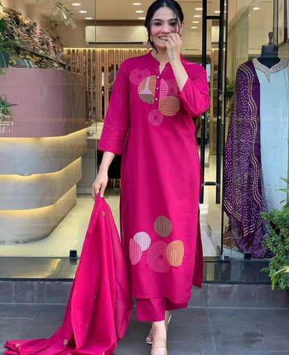 Magenta Pink Embroidered Cotton Suit Set with Dupatta