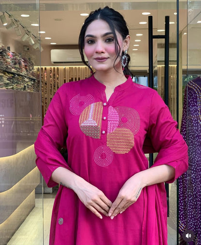Magenta Pink Embroidered Cotton Suit Set with Dupatta
