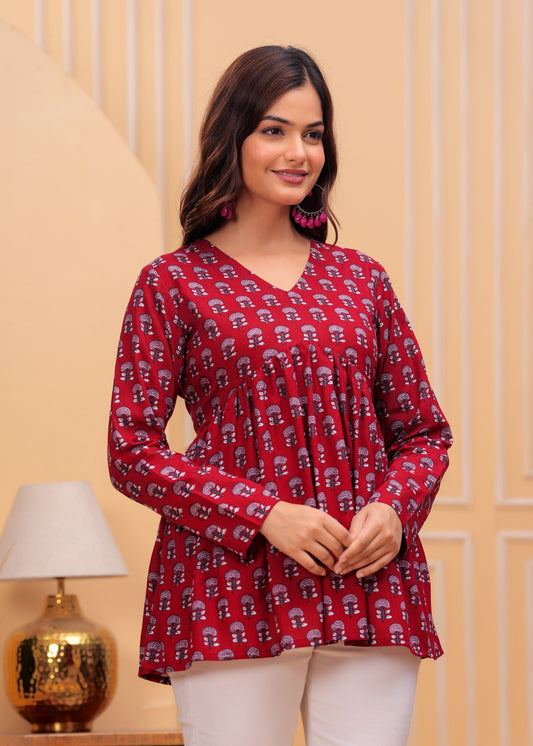 Maroon Cotton Printed Top – Everyday Casual Wear