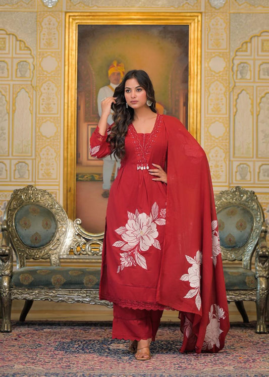 Maroon Cotton Suit Set with Floral Appliqué Work – Festive & Ethnic Wear
