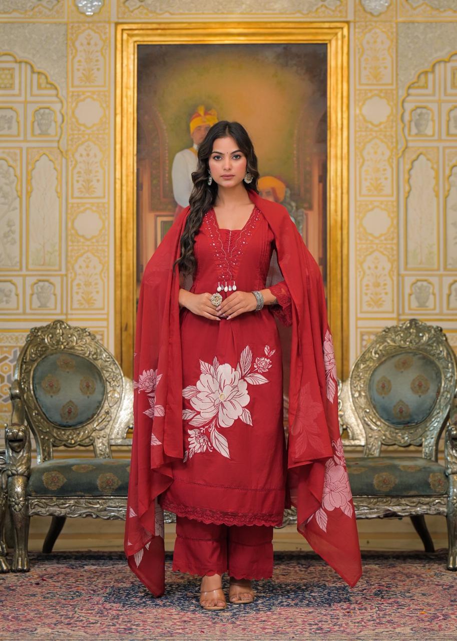 Maroon Cotton Suit Set with Floral Appliqué Work – Festive & Ethnic Wear