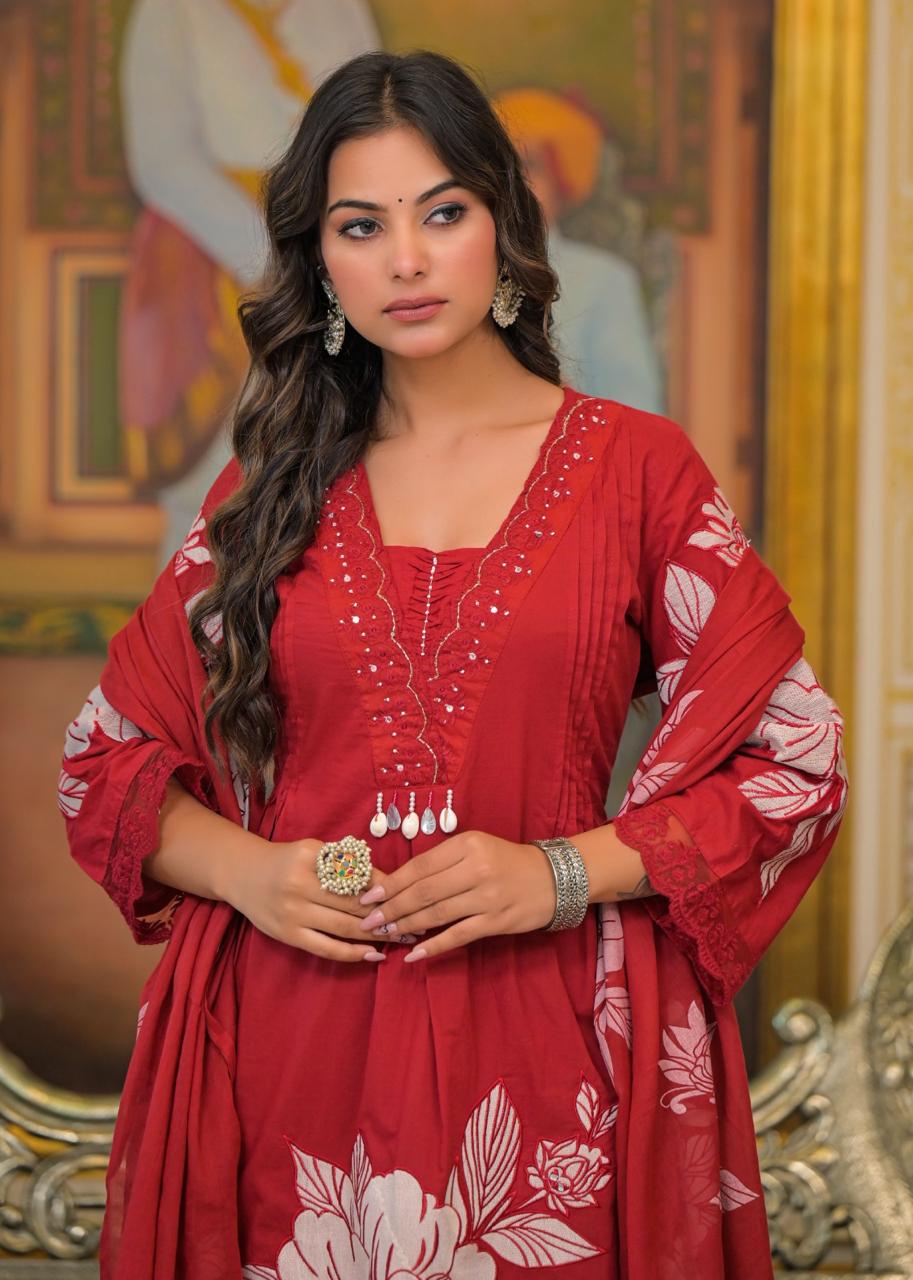 Maroon Cotton Suit Set with Floral Appliqué Work – Festive & Ethnic Wear