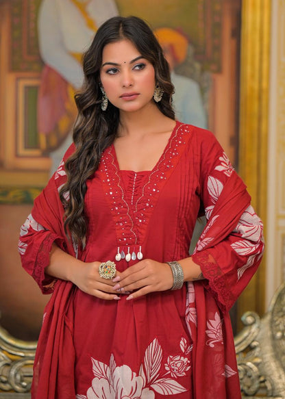 Maroon Cotton Suit Set with Floral Appliqué Work – Festive & Ethnic Wear