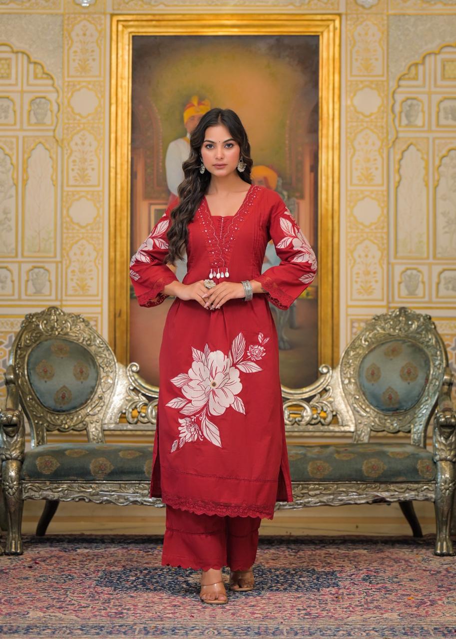 Maroon Cotton Suit Set with Floral Appliqué Work – Festive & Ethnic Wear