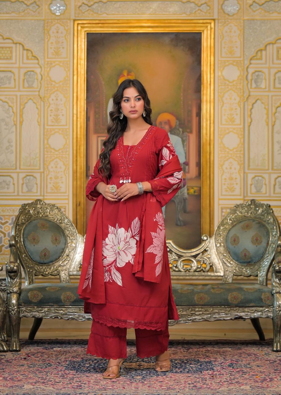 Maroon Cotton Suit Set with Floral Appliqué Work – Festive & Ethnic Wear