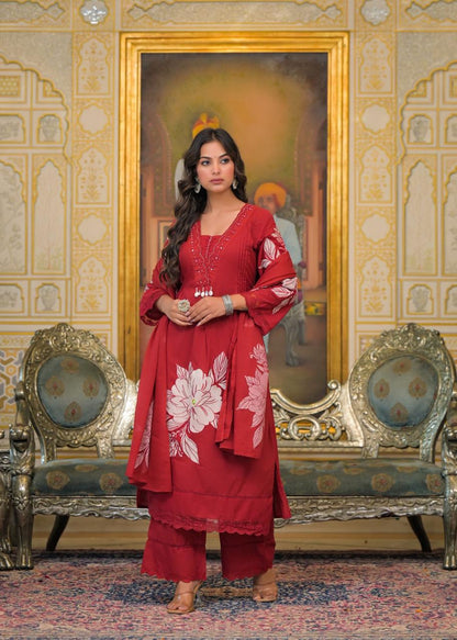 Maroon Cotton Suit Set with Floral Appliqué Work – Festive & Ethnic Wear