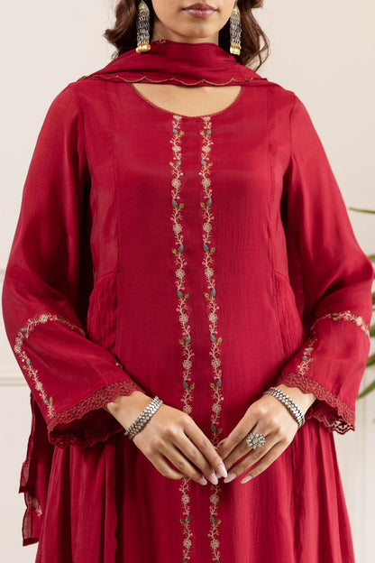 Elegant Red Mul Chanderi Suit Set with Subtle Embroidery & Dupatta – Occasion Wear