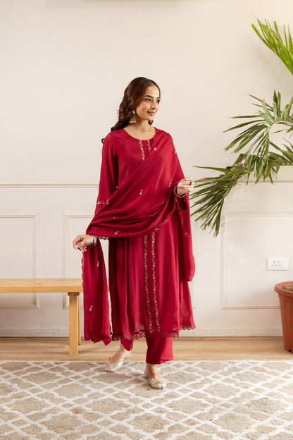 Elegant Red Mul Chanderi Suit Set with Subtle Embroidery & Dupatta – Occasion Wear