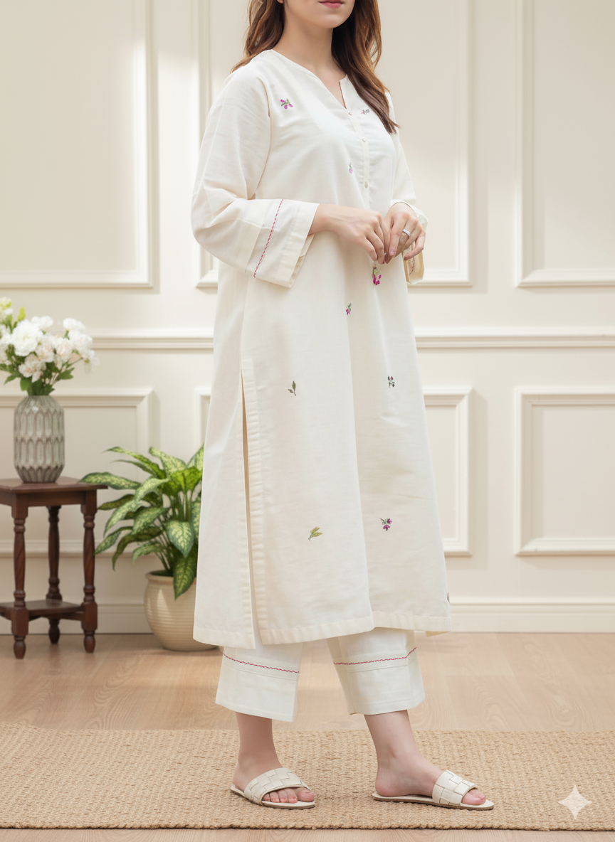 Minimalist Off-White Khadi Cotton Kurta Set with Scattered Floral Embroidery