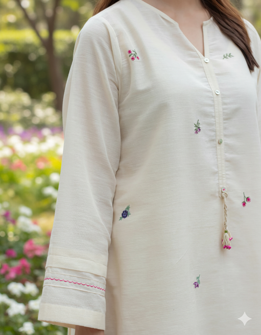 Minimalist Off-White Khadi Cotton Kurta Set with Scattered Floral Embroidery