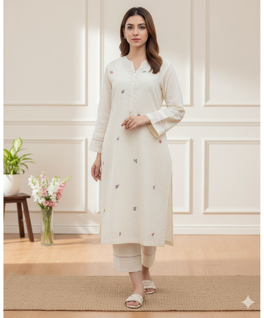 Minimalist Off-White Khadi Cotton Kurta Set with Scattered Floral Embroidery
