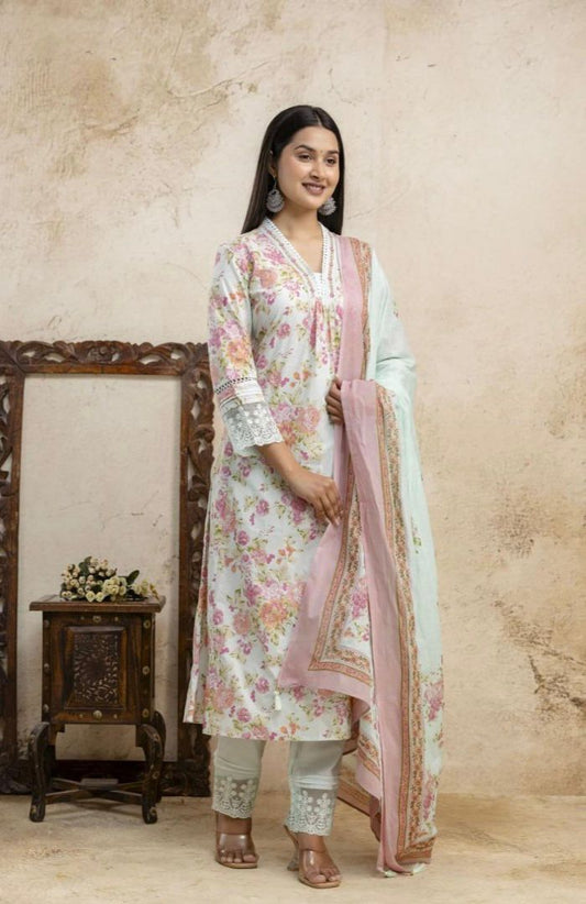 Mint Green Soft Cotton Kurta Set with Pink Floral Print – Elegant Day Wear