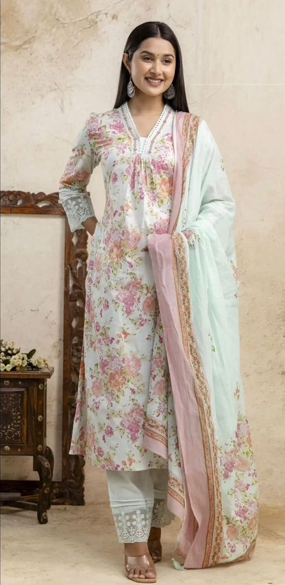 Mint Green Soft Cotton Kurta Set with Pink Floral Print – Elegant Day Wear