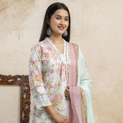 Mint Green Soft Cotton Kurta Set with Pink Floral Print – Elegant Day Wear