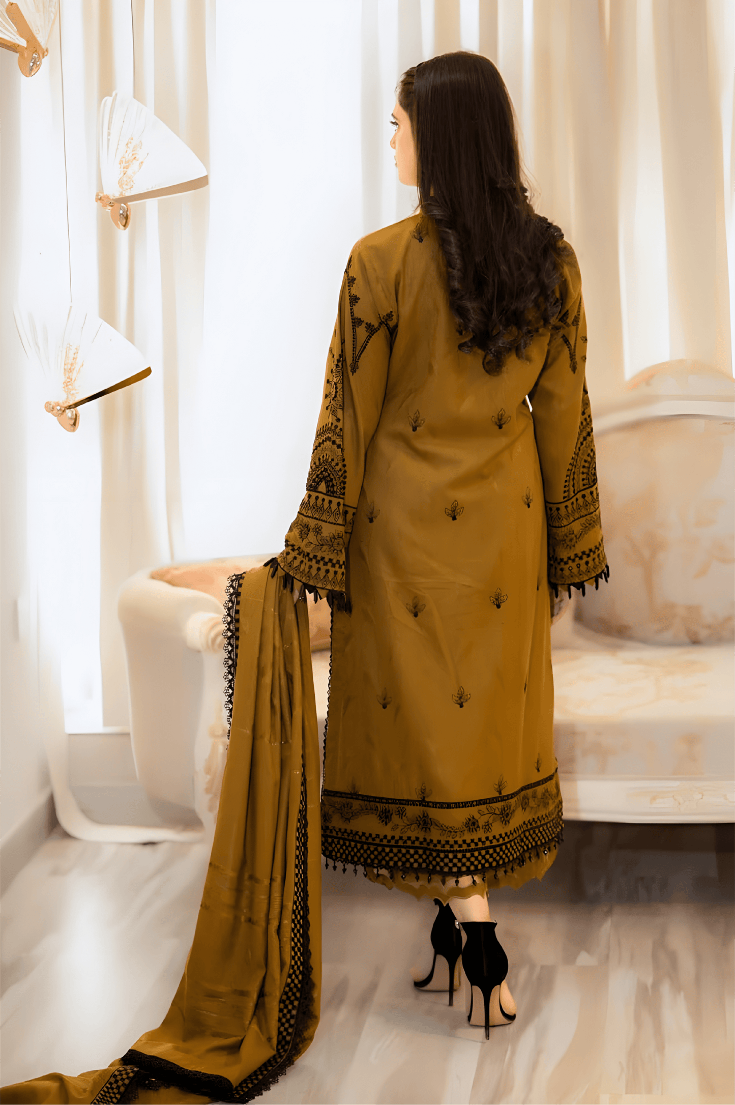 Mustard Brown Muslin Suit Set with Print & Matching Dupatta