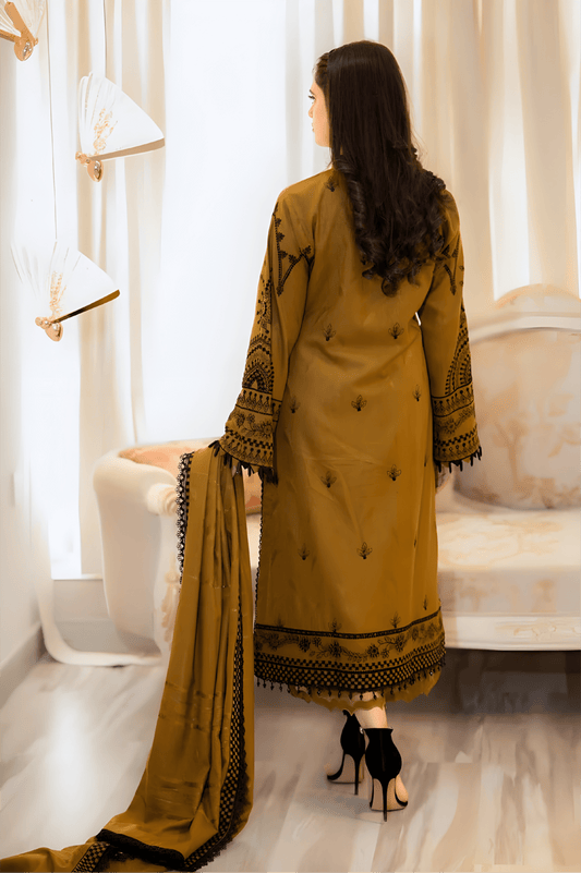 Mustard Brown Muslin Suit Set with Print & Matching Dupatta