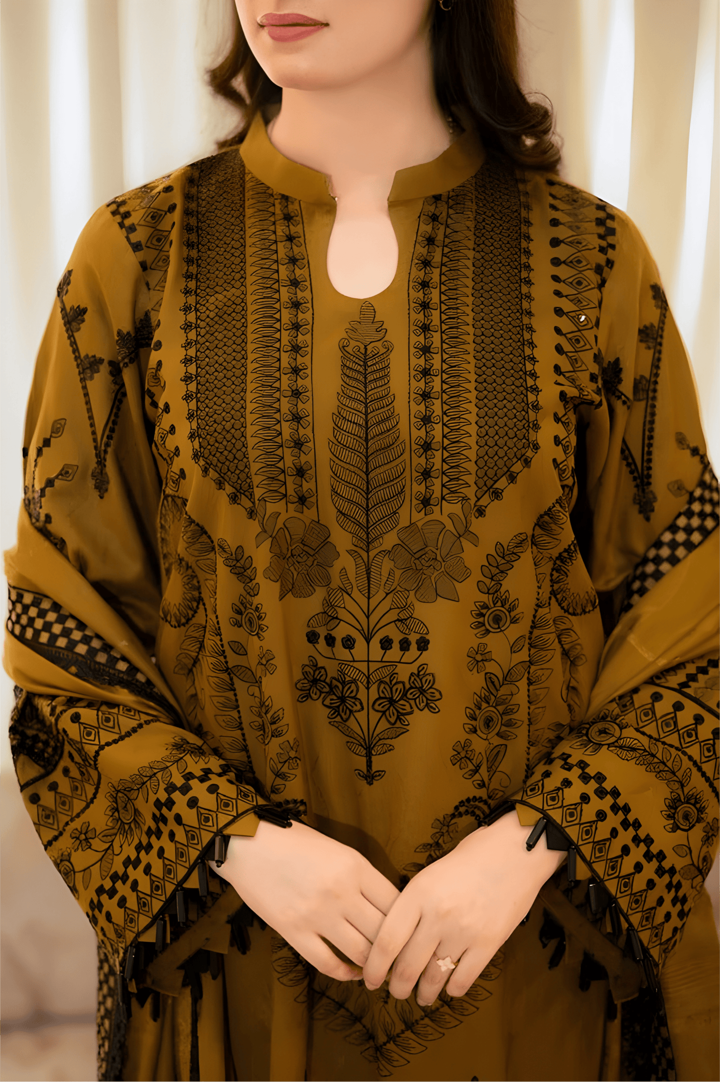 Mustard Brown Muslin Suit Set with Print & Matching Dupatta