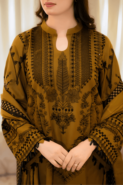 Mustard Brown Muslin Suit Set with Print & Matching Dupatta