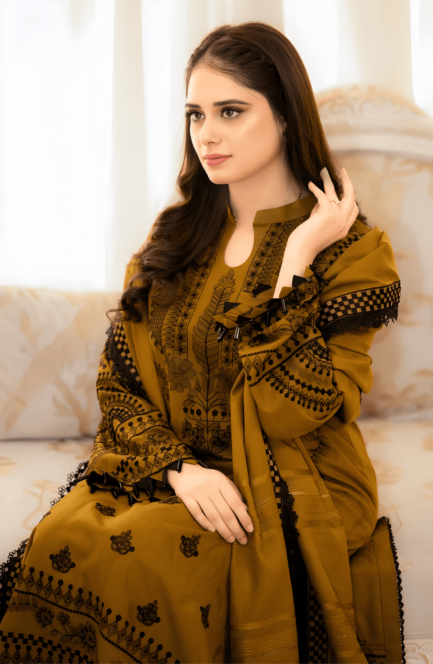 Mustard Brown Muslin Suit Set with Print & Matching Dupatta