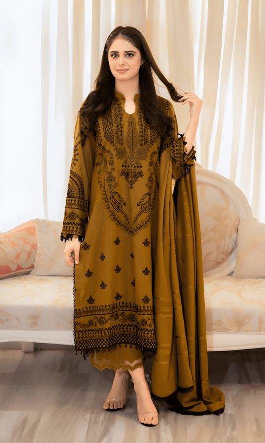 Mustard Brown Muslin Suit Set with Print & Matching Dupatta