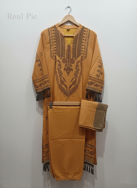 Mustard Brown Muslin Suit Set with Print & Matching Dupatta