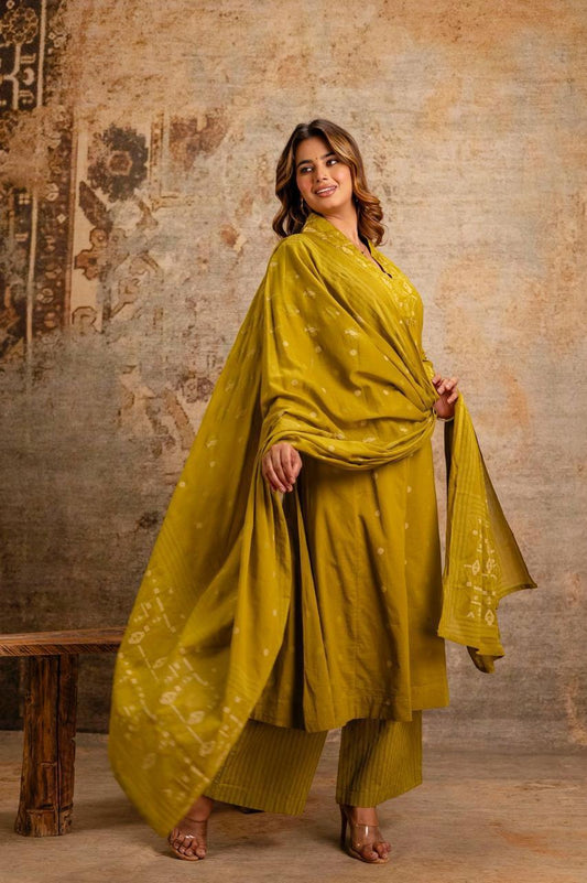 Mustard Yellow Cotton A-Line Suit Set with Embroidery – Festive & Daily Wear