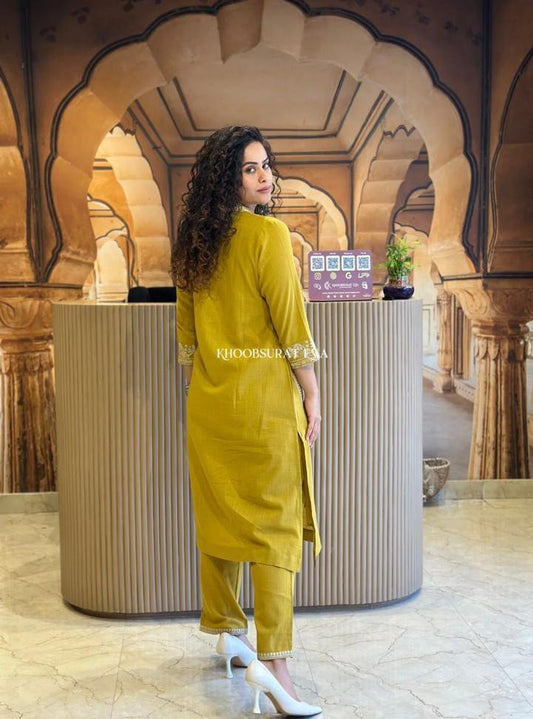Mustard Yellow Cotton Slub Kurta Set with Pockets