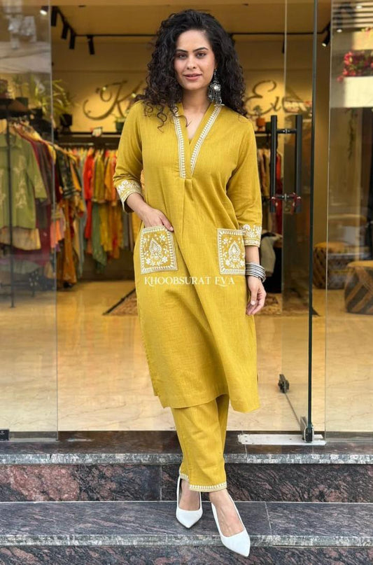 Mustard Yellow Cotton Slub Kurta Set with Pockets