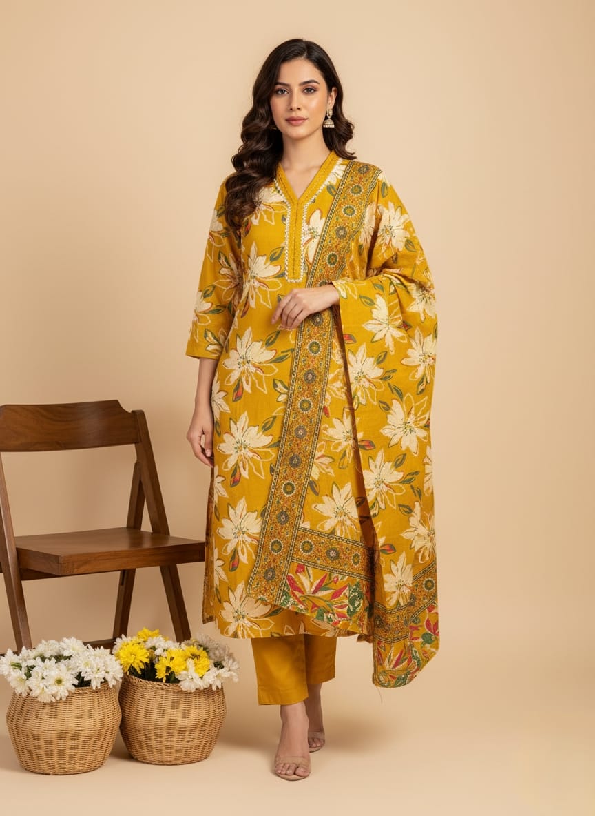 Mustard Yellow Soft Cotton Printed Suit Set with Floral Dupatta