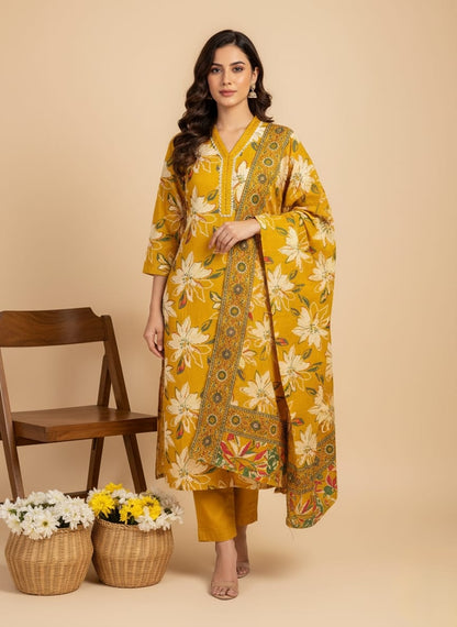 Mustard Yellow Soft Cotton Printed Suit Set with Floral Dupatta